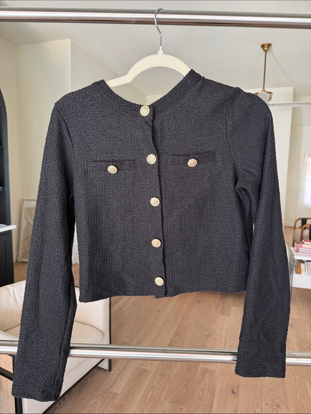 Classic Black Bouclé Button-Front cardigan